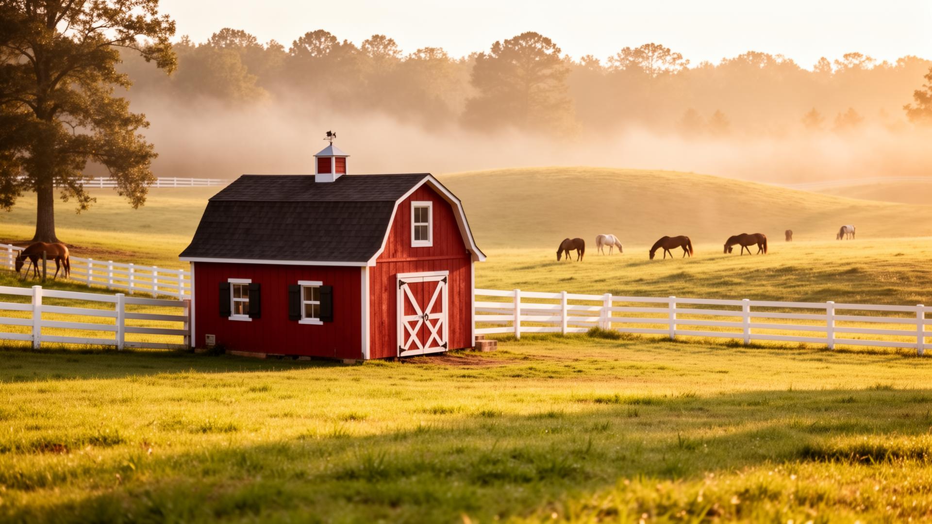 Small red barn with white fence and horses grazing on Alabama pasture at golden hour